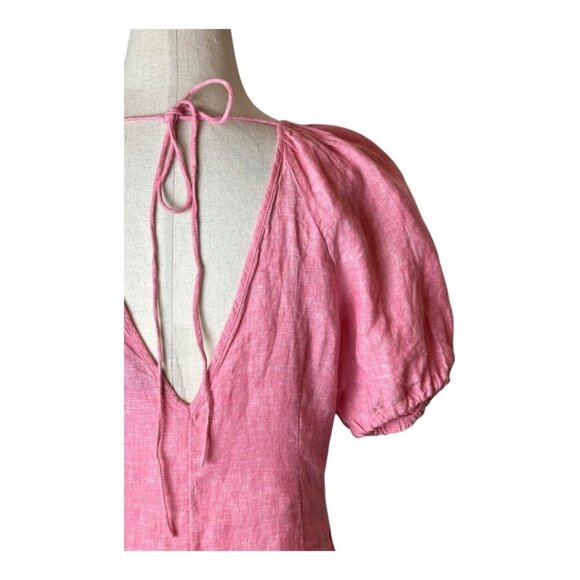 J Crew Shirt Women 0 Pink Linen V Back Short Puff Sleeve Top Preppy Lagenlook - Picture 9 of 14